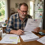 Un assistant familial inquiet examine un recommandé et des contrats de travail sur une table avec un calendrier affichant un ultimatum de 10 jours.