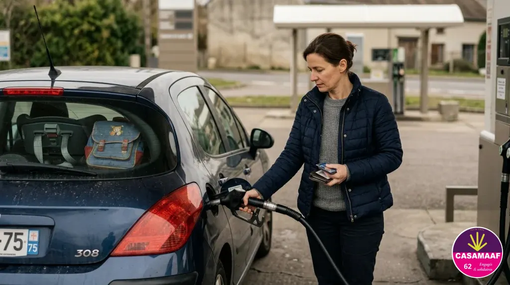Une assistante familiale faisant le plein de carburant pour les trajets d'enfants confiés