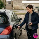Une assistante familiale faisant le plein de carburant pour les trajets d'enfants confiés
