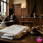 Sablier, dossier de pièces financières et balance de justice dans un tribunal administratif.