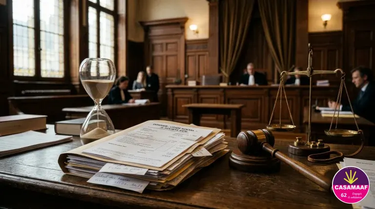 Sablier, dossier de pièces financières et balance de justice dans un tribunal administratif.