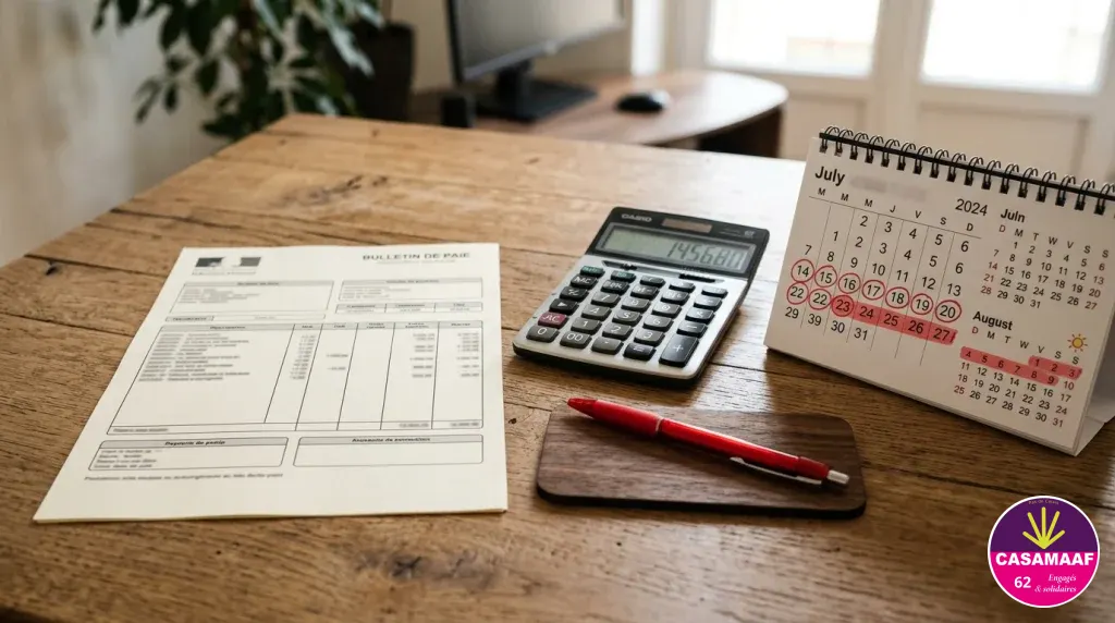 Baisse des indemnités de congés payés sur bulletin de paie CD62 avec calculatrice et calendrier