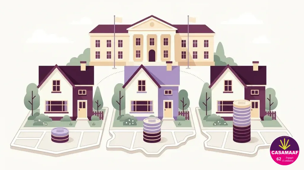 Illustration : trois maisons d'assistants familiaux reliées au même Département, avec des piles de pièces de hauteurs différentes