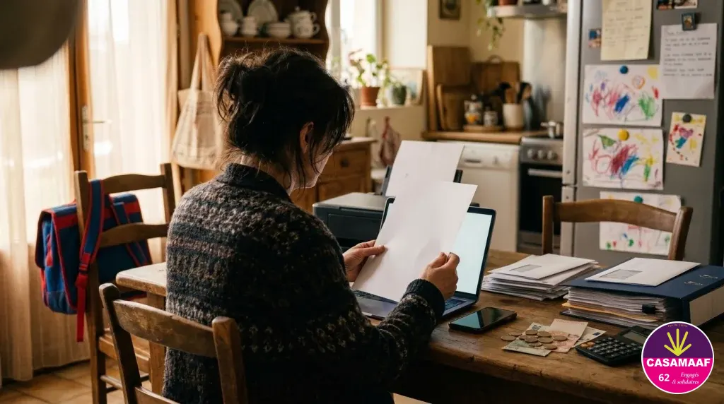 Une assistante familiale, de dos à la table de sa cuisine, devant son ordinateur portable, son téléphone, une imprimante, des courriers et quelques billets