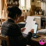 Une assistante familiale, de dos à la table de sa cuisine, devant son ordinateur portable, son téléphone, une imprimante, des courriers et quelques billets