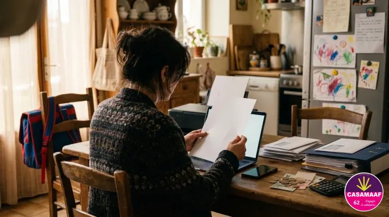 Une assistante familiale, de dos à la table de sa cuisine, devant son ordinateur portable, son téléphone, une imprimante, des courriers et quelques billets