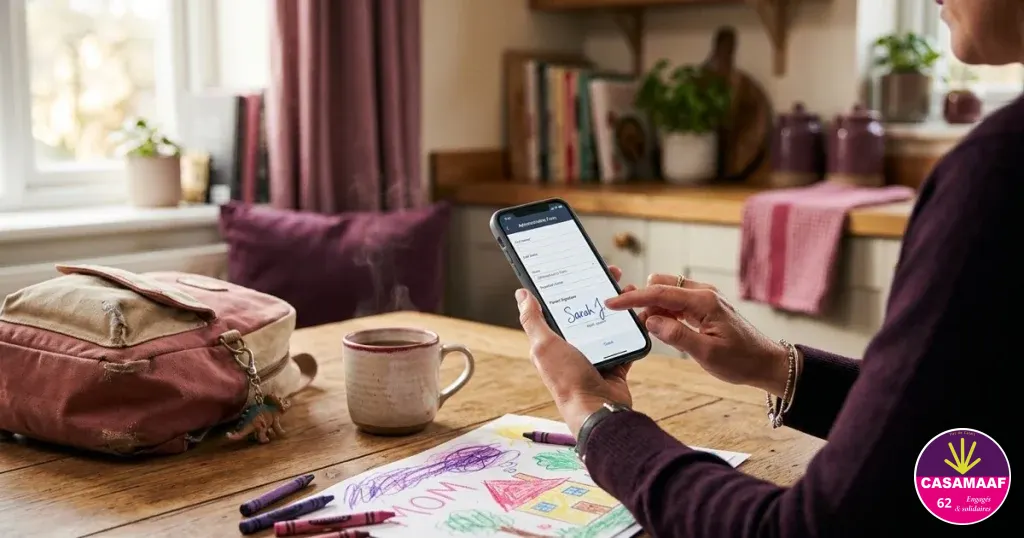 Une assistante familiale remplit et signe un formulaire sur son téléphone, à la table de la cuisine