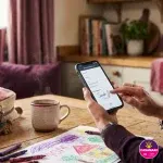 Une assistante familiale remplit et signe un formulaire sur son téléphone, à la table de la cuisine
