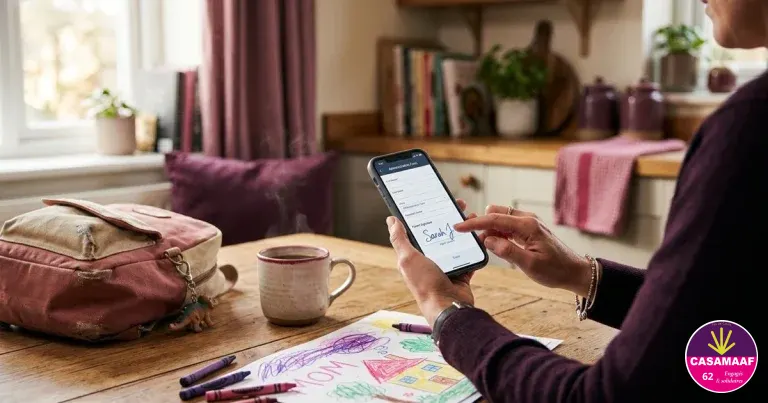 Une assistante familiale remplit et signe un formulaire sur son téléphone, à la table de la cuisine
