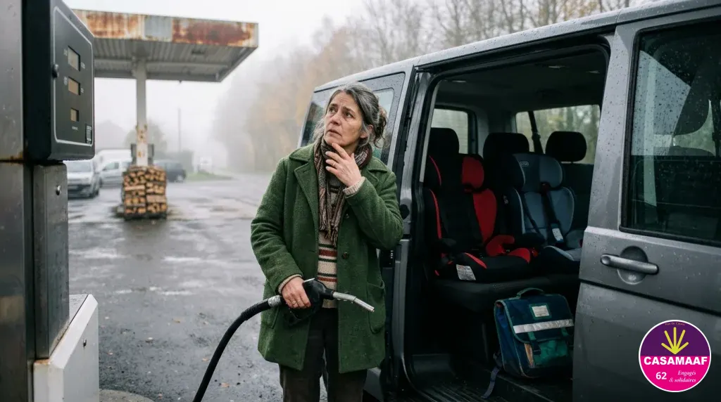 Une assistante familiale, l’air préoccupé, fait le plein de gazole de son minibus équipé de sièges auto pour enfants