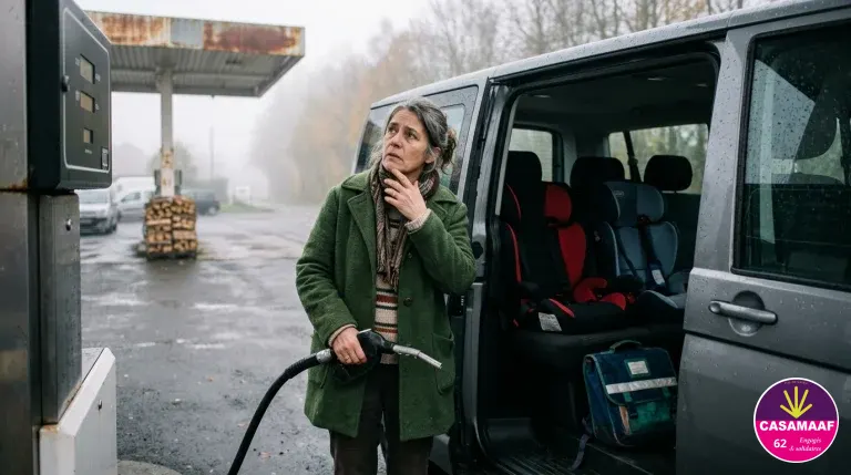 Une assistante familiale, l’air préoccupé, fait le plein de gazole de son minibus équipé de sièges auto pour enfants