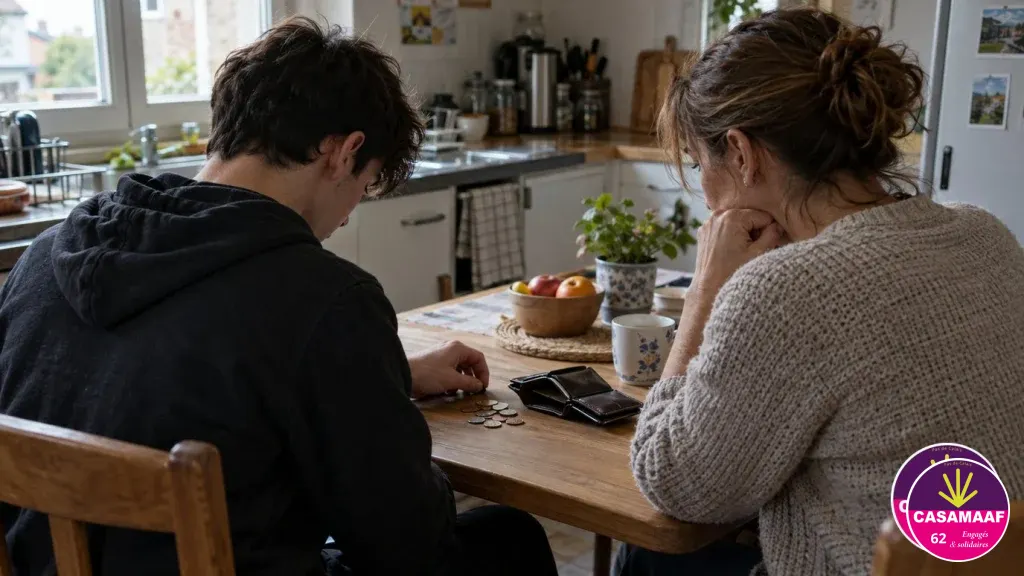 Un jeune de dos compte quelques pièces sur une table de cuisine à côté d'une assistante familiale