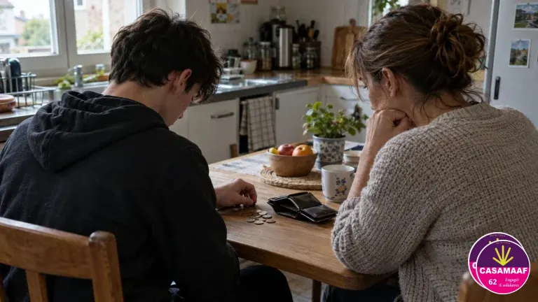Un jeune de dos compte quelques pièces sur une table de cuisine à côté d'une assistante familiale