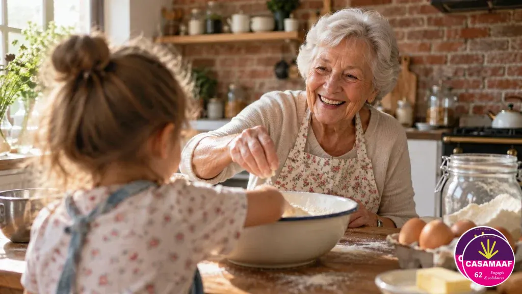 Une grand-mère souriante prépare un goûter dans une cuisine en briques avec un enfant de dos