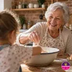 Une grand-mère souriante prépare un goûter dans une cuisine en briques avec un enfant de dos