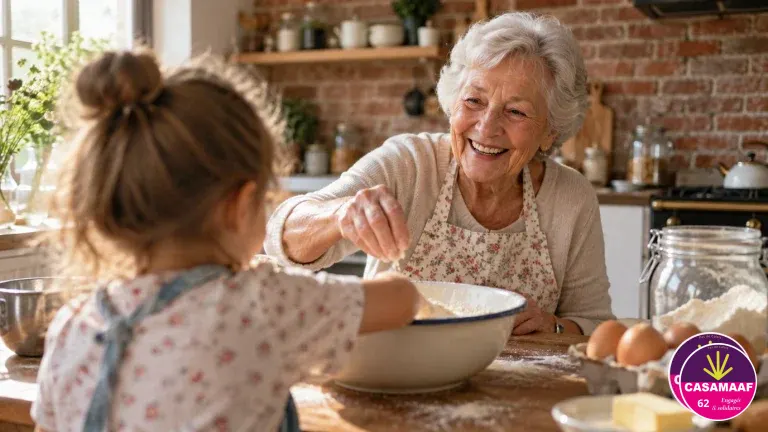 Une grand-mère souriante prépare un goûter dans une cuisine en briques avec un enfant de dos