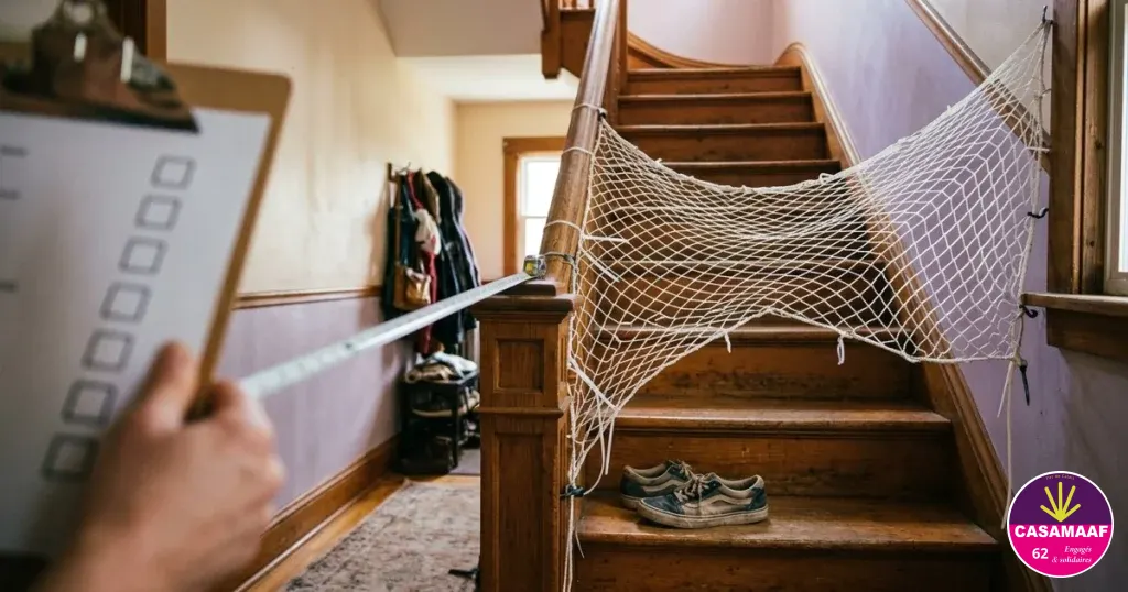 Filet de protection tendu le long d'un escalier, une main tient un mètre ruban et une liste de contrôle