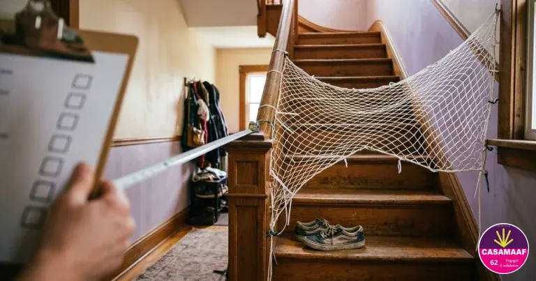 Filet de protection tendu le long d'un escalier, une main tient un mètre ruban et une liste de contrôle